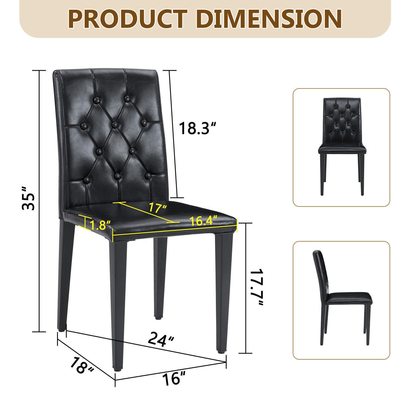 2-pack Black PU Dining Chairs,Ergonomic Buckle Backrest, 35 Inches High, Black Metal Legs,Combines Comfort And Texture.Perfectly Suitable For Family Dining Rooms, Hotel Banquet Halls,etc.