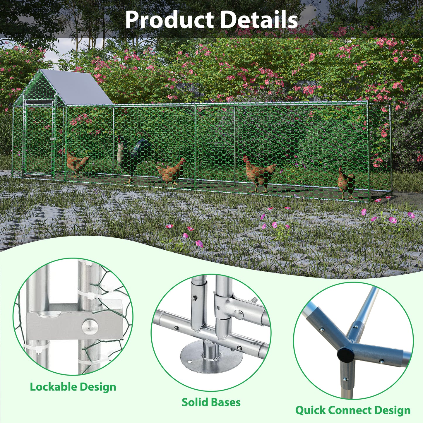 16x3FT Metal Chicken Coop Run Hen House Poultry Habitat Cage W Cover