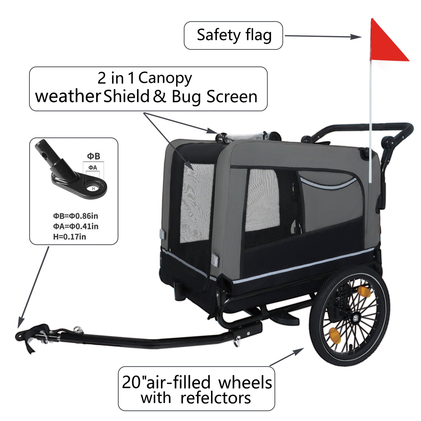 Extra Large 2-in-1 Bike Trailer & Push Cart For Pets - Detachable Bike Hitch & Push Handle Included - All-Terrain Wheels Quick Release, Non-Slip Floor, Internal Leash,  Up To 88 Lbs, Black- Grey