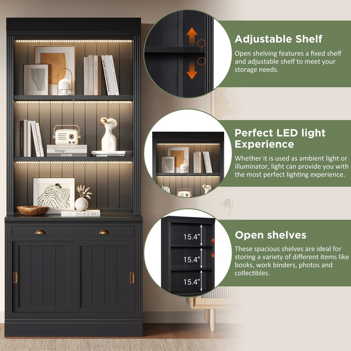 83.4Tall Bookshelf Suite With LED Lighting, Modern Bookcase Suite With Sliding Doors,Drawers And Open Shelves,Storage Bookshelf For Living Room,Home Office,Black