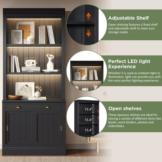 83.4Tall Bookshelf Suite With LED Lighting, Modern Bookcase Suite With Sliding Doors,Drawers And Open Shelves,Storage Bookshelf For Living Room,Home Office,Black