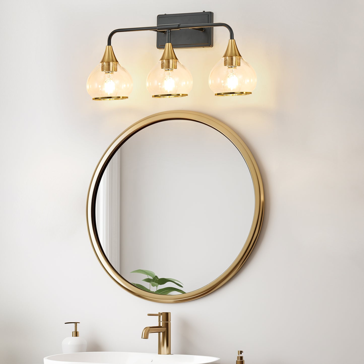 23 Modern 3-Light Vanity Wall Sconce - Black And Gold Bathroom Light Fixture With Clear Glass Shades, Industrial Wall Mounted Lamp For Mirror, Vanity, And Living Spaces Bulb Not Included