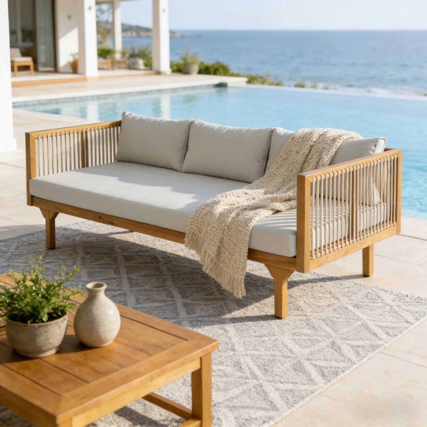Outdoor Patio Sofa With Light Gray Cushion & Light Brown Rope, Acacia Wood Teak Finish, Water Resistant Fabric, 600 Lbs Capacity, For Garden, Deck, Or Backyard