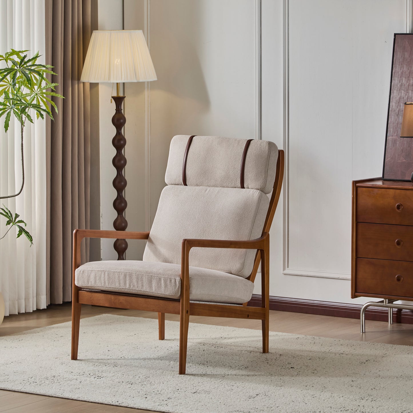 Mid Century Modern Accent Armchair, Solid Wood Frame With High Back, Light Gray Upholstered Cushions, Ergonomic Lounge Chair For Living Room Bedroom Reading Nook