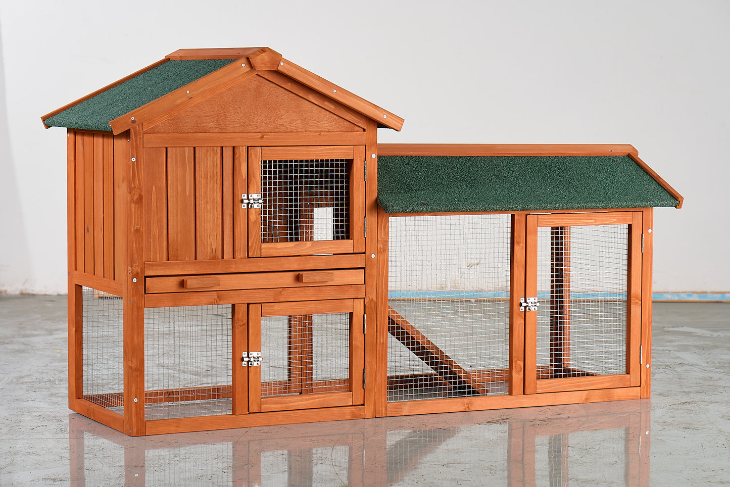 Large Wooden Rabbit Hutch, 2-Story Outdoor Bunny Cage With Waterproof Asphalt Roof, Pull-Out Tray & Ramp, Fir Wood Pet House For Rabbits, Chickens, Guinea Pigs Brown & Green