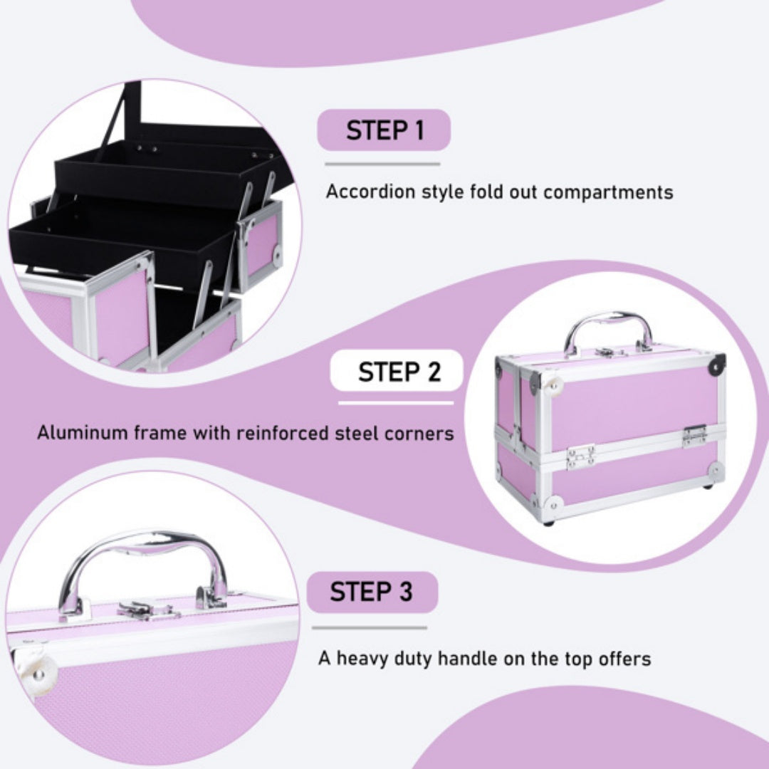 Portable Top-opening With Mirror, Aluminum Alloy, Pink, Makeup Box, SM-2176