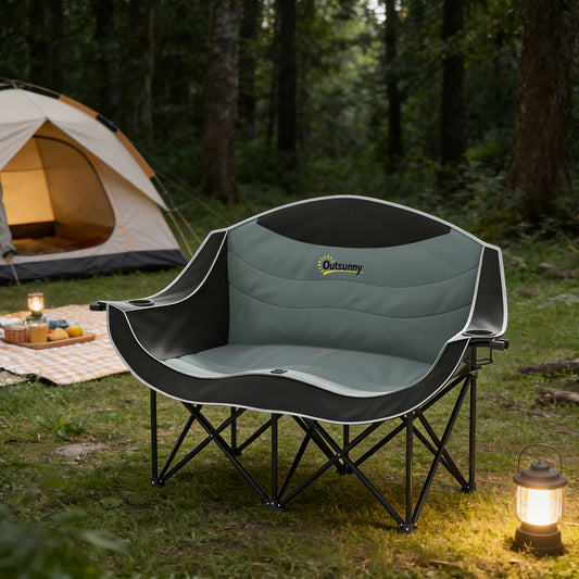 Padded Folding Camp Chair For Adults, Double Camping Chair 600D Oxford Fabric With Armrests, Cup Holders, Carry Bag For Outdoor