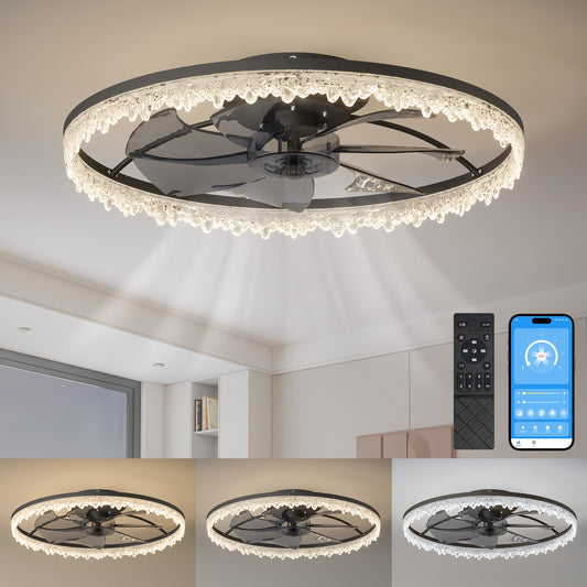 Luxury Crystal Ceiling Fan With Lights - 24'' Flush Mount LED Chandelier Fan With 5 Invisible Blades, Remote & Timer, Bright Dimmable Lighting For Bedroom, Living Room, Dining Room