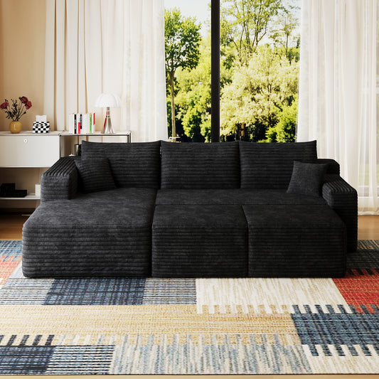 95  Cloud Sectional Sofa With 2 Ottoman,Modern Minimalist Upholstered Couches, Comfort U Shaped Sofa For Living Room,Deep Seat Corner Couch,No Assembly Required,Black  Plush Corduroy Fabric