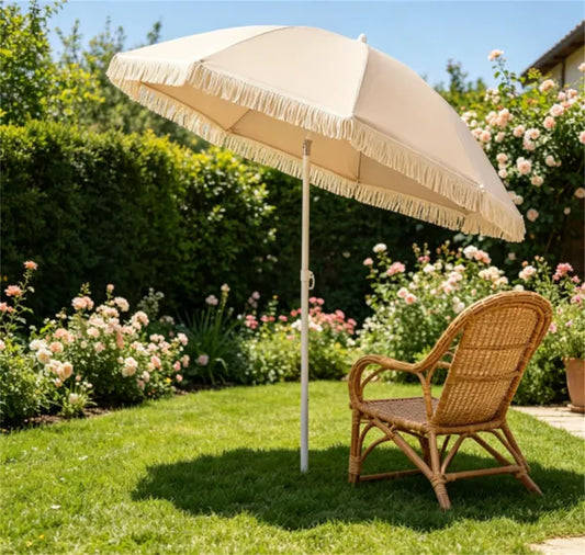 7 FT Boho Patio Umbrella With Fringe Tassel, 30' Adjustable Tilt Outdoor Sun Canopy, Portable 2-Section Metal Beach Umbrella