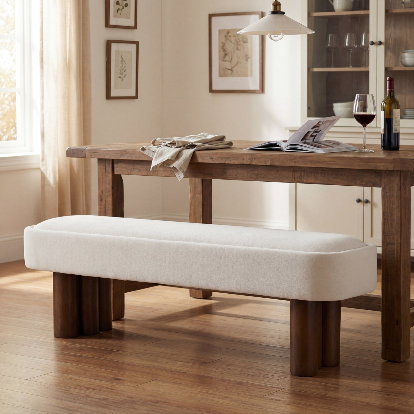 Indoor Beige Fabric Dining Bench With Walnut Color Legs, 60.04 L Upholstered Seating For Kitchen, Dining Room And Living Space,250lbs Capacity