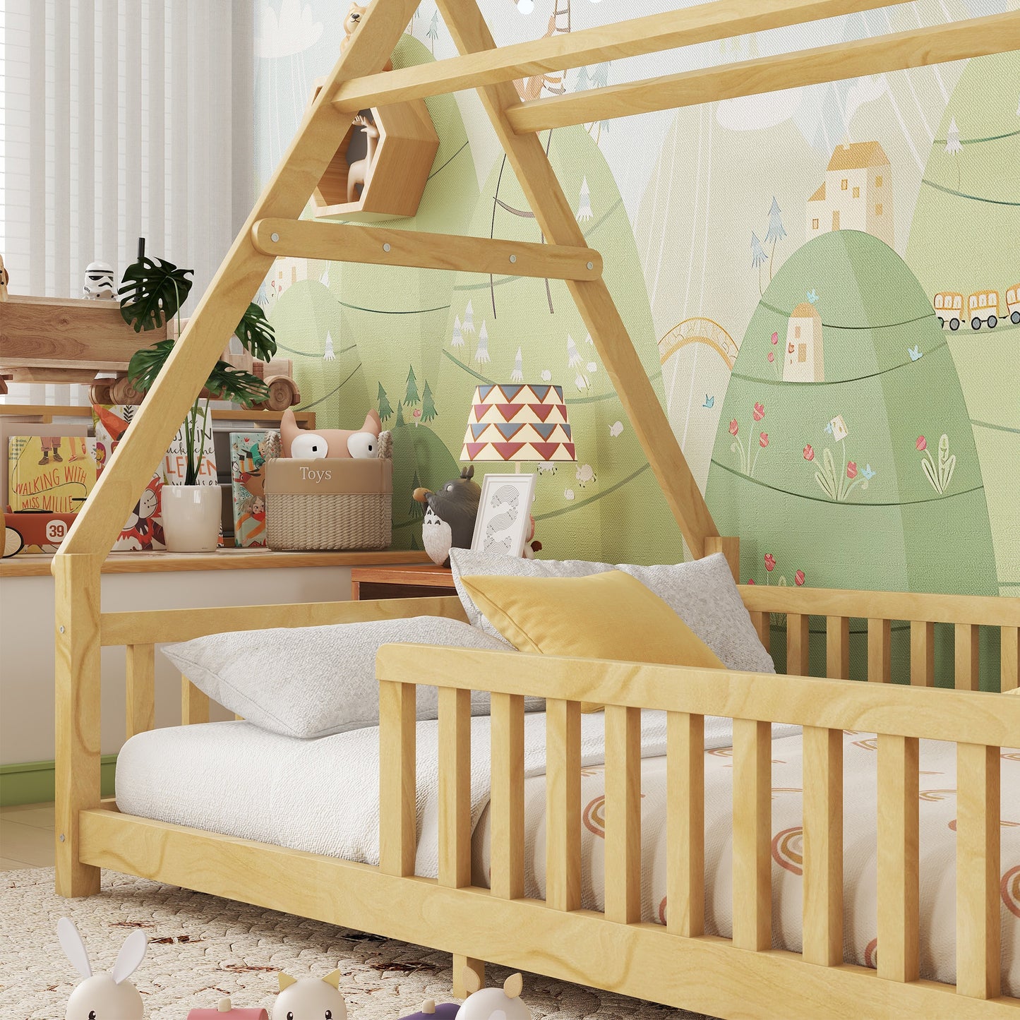 Full House Bed With Light, Low Floor House Bed With Fence And Roof For Kids Boys Girls,Natural