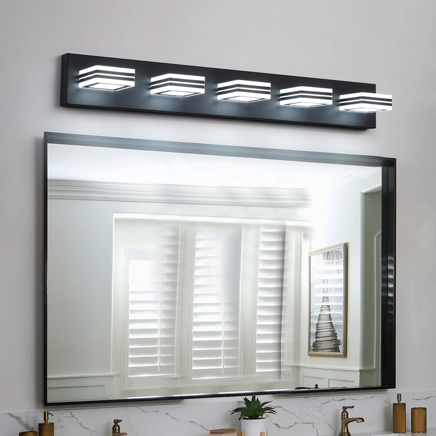 32in  Modern Black 5-Light LED Vanity Light, Square Acrylic Lampshades Wall Mount Fixture For Bathroom, Mirror Lighting
