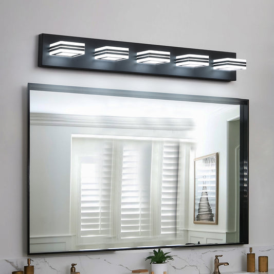 32in  Modern Black 5-Light LED Vanity Light, Square Acrylic Lampshades Wall Mount Fixture For Bathroom, Mirror Lighting
