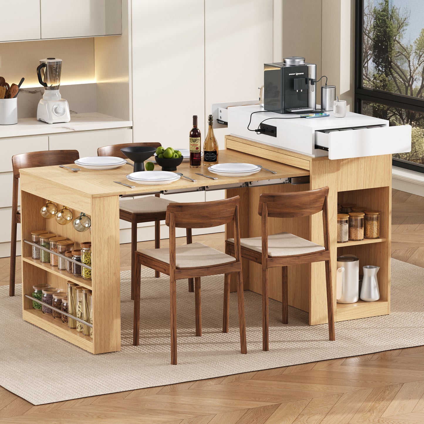 VIDEO TREXM Extendable Dining Table With Folding Tabletop  Bar Table With Drawers And Power Outlet  Kitchen Island With Wheels And Hooks  Sideboard For Kitchen And Dining Room  Natural Creamy White