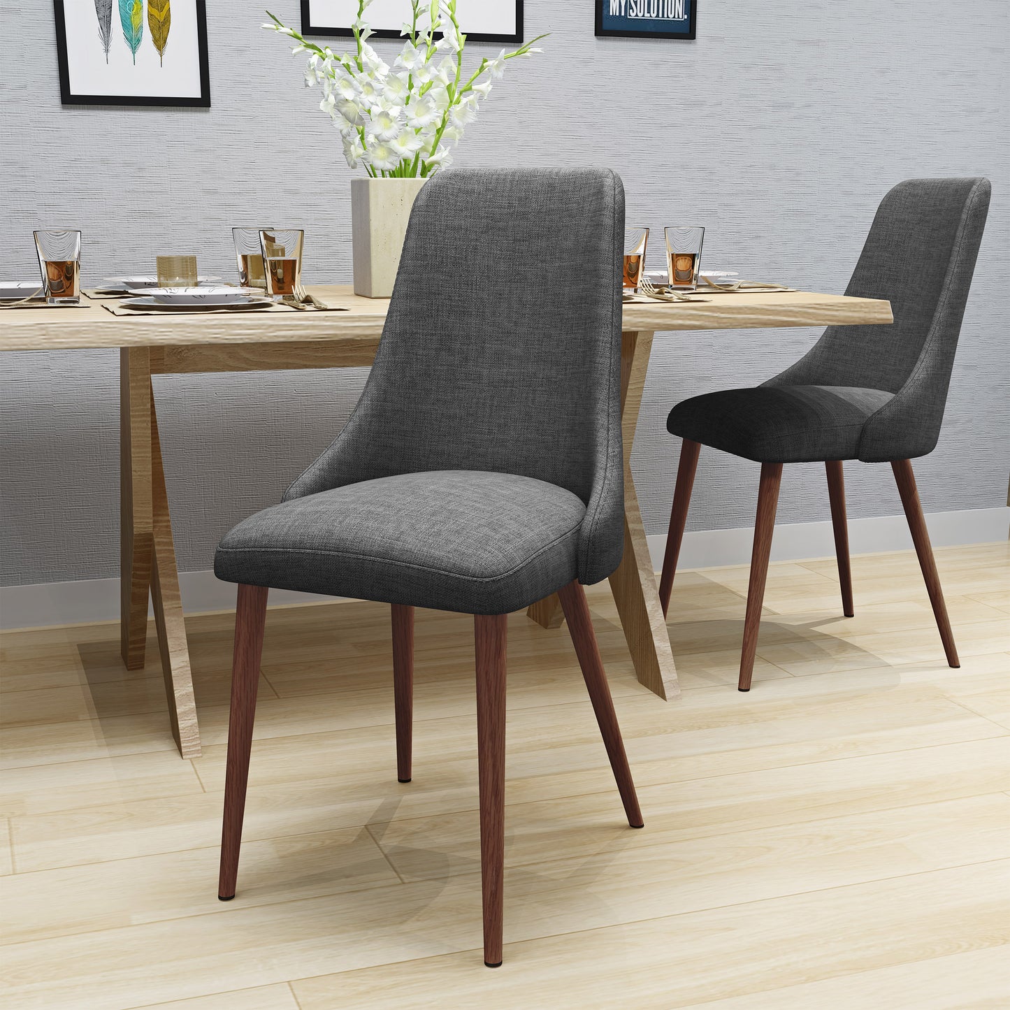 Mid Century Modern Fabric Armless Dining Chairs, Set Of 2, Light Gray
