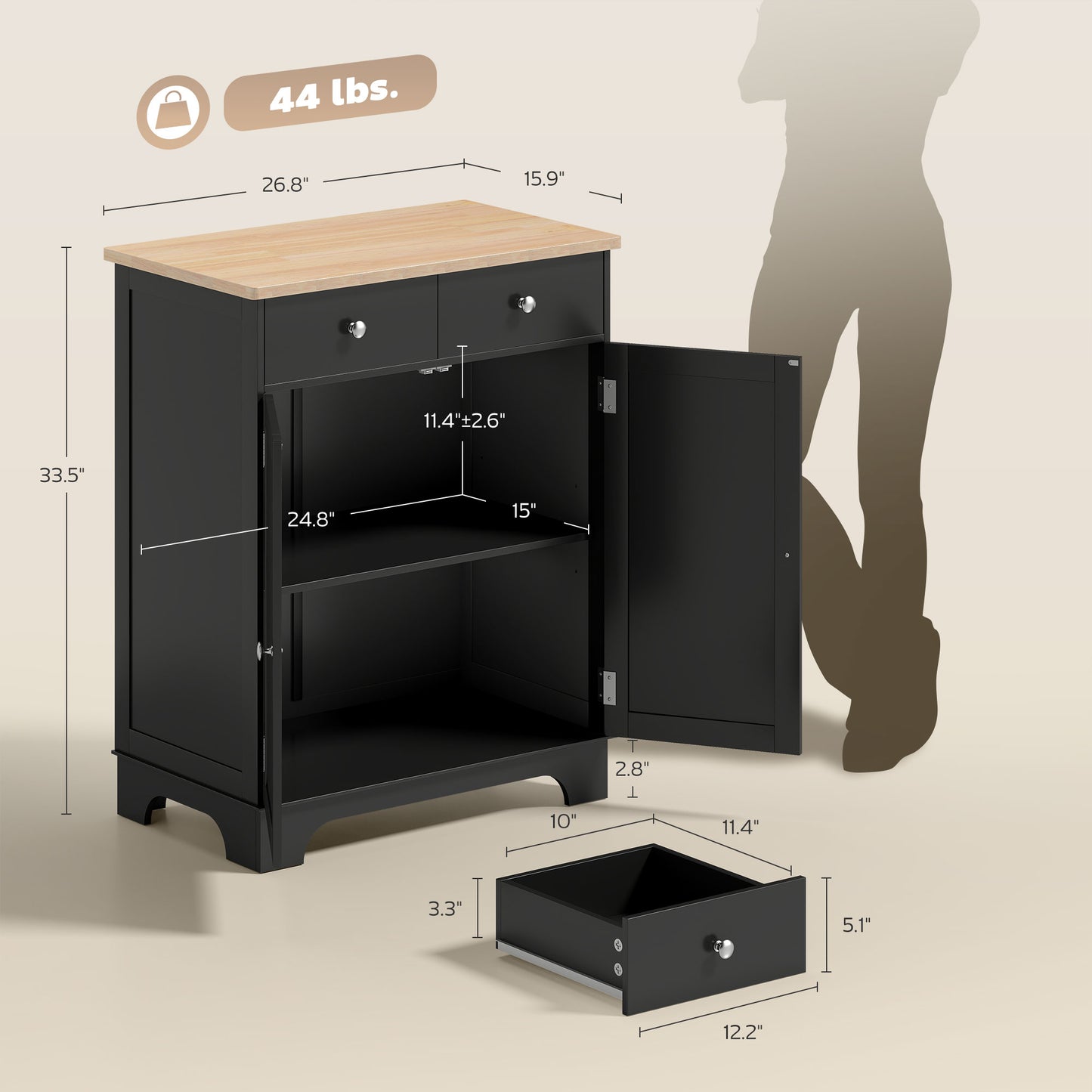 Kitchen Storage Cabinet, Sideboard Floor Cupboard With Solid Wood Top, Adjustable Shelf, And 2 Drawers, Black