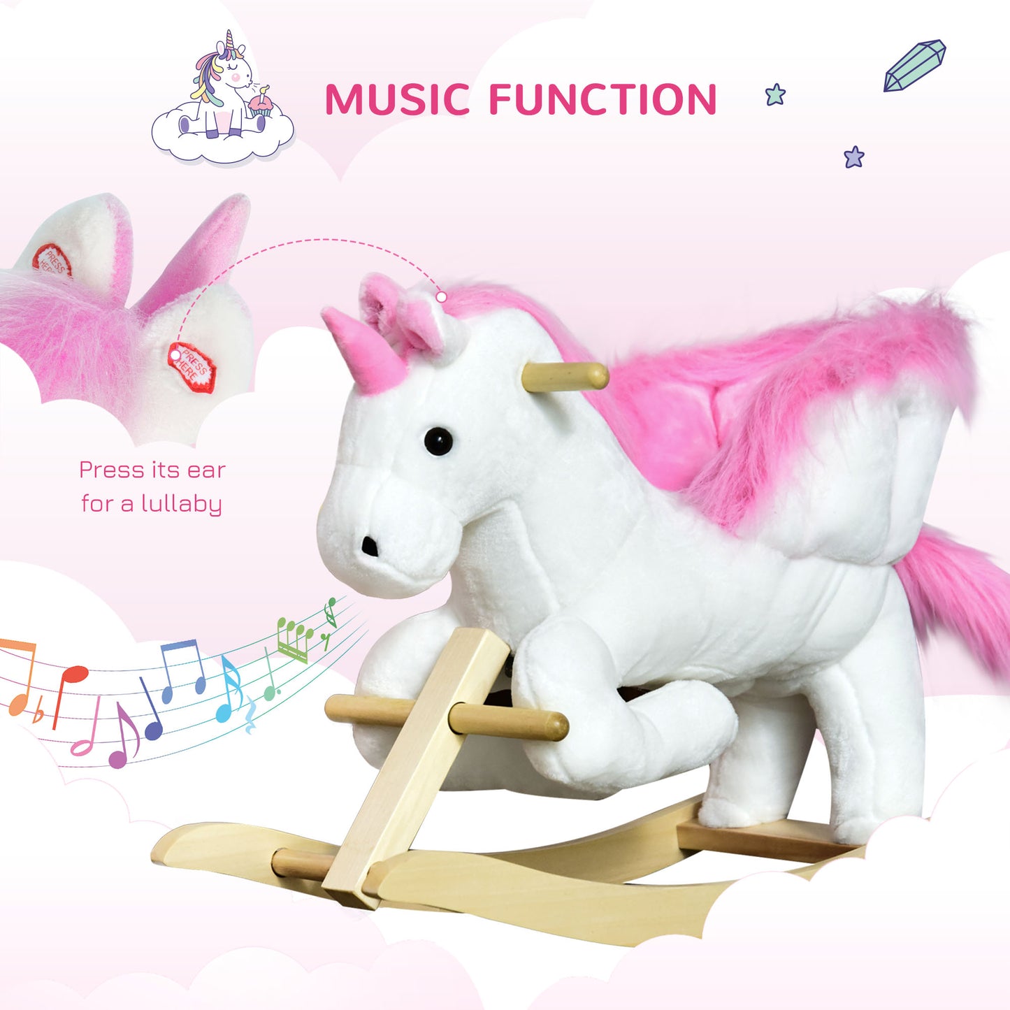 Unicorn Baby Rocking Horse Toy For Kids With Lullaby Song, Plush Ride On Horse With Heavy-Duty Support System, Interactive Toy Pretend Play Toy For Toddlers 18-36 Months