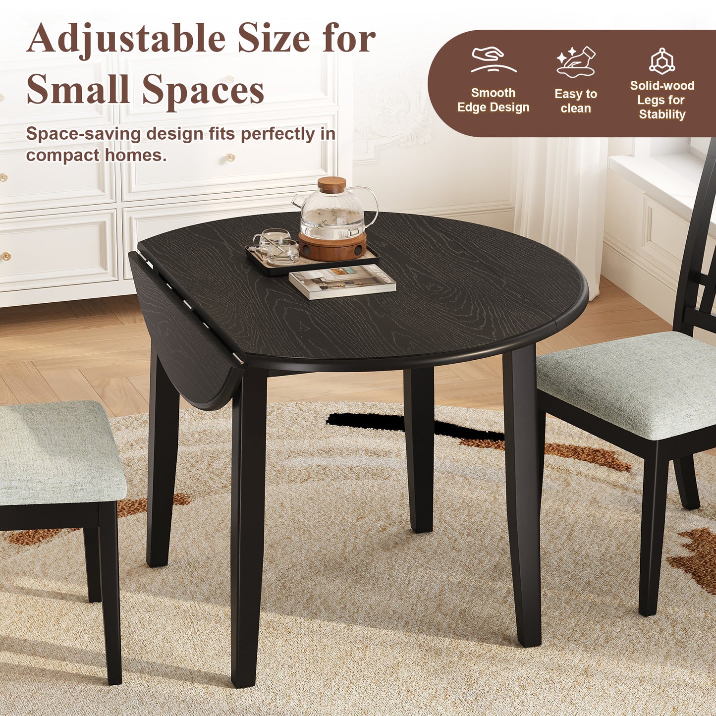 Extendable Round Dining Table For 2 4 People Folding Wood Dining Table With Adjustable Size, Space-Saving Design For Small Apartments And Dining Areas - BLACK