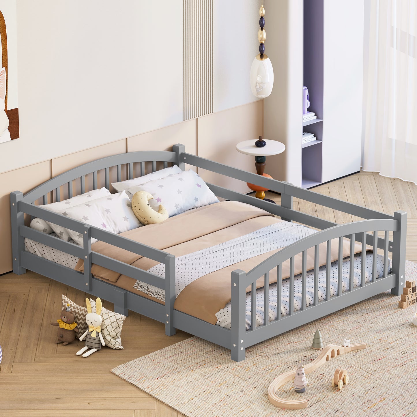 Full Montessori Floor Bed With Slats And Safety Guardrails, Solid Wood Floor Bed With Fence And Without Door, Easy Assemble Montessori Bed For Girls And Boys, Gray
