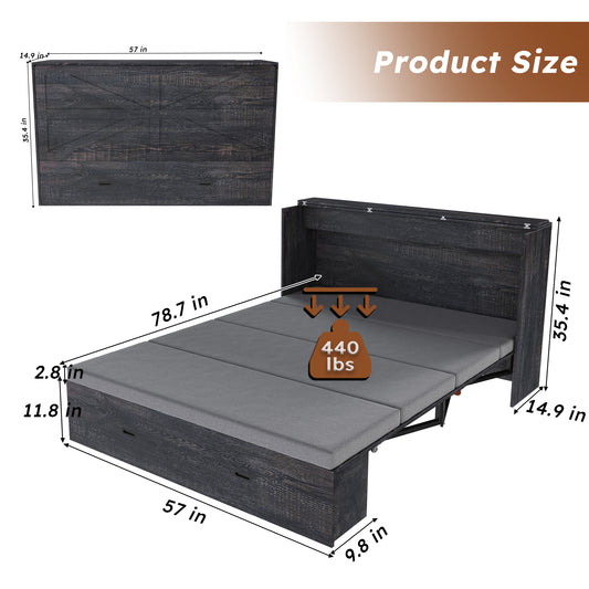 57 Inches Murphy Bed, With Storage Drawers And Charging Cabinet, With Foldable Panels, With Swivel Wheels, Noise-free, Suitable For Guest Rooms, Living Rooms And Offices, Carbon Black OldskuW509S00157