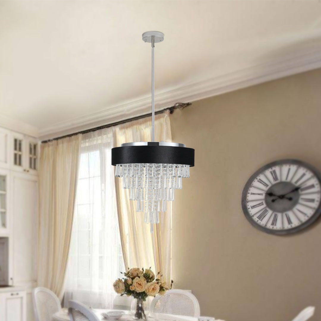 18-inch Modern Crystal Chandelier With Black Imitation Velvet Anti-Glare Shade, Adjustable Height, 8-Light G9 Base For Dining Room, Living Room, Or Bedroom  Bulb Not Included