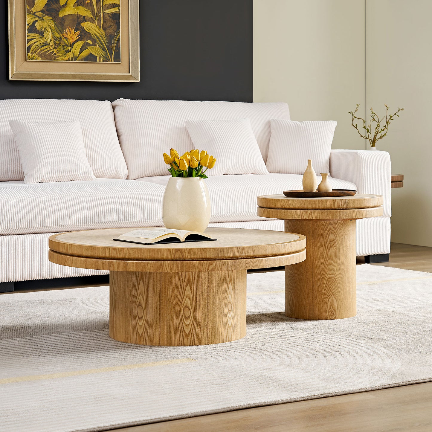 Set Of 19.49   35.43   MDF Round CoffeeTable Sintered Stone Tabletop For Living Room Apartment Reception Room NATURAL