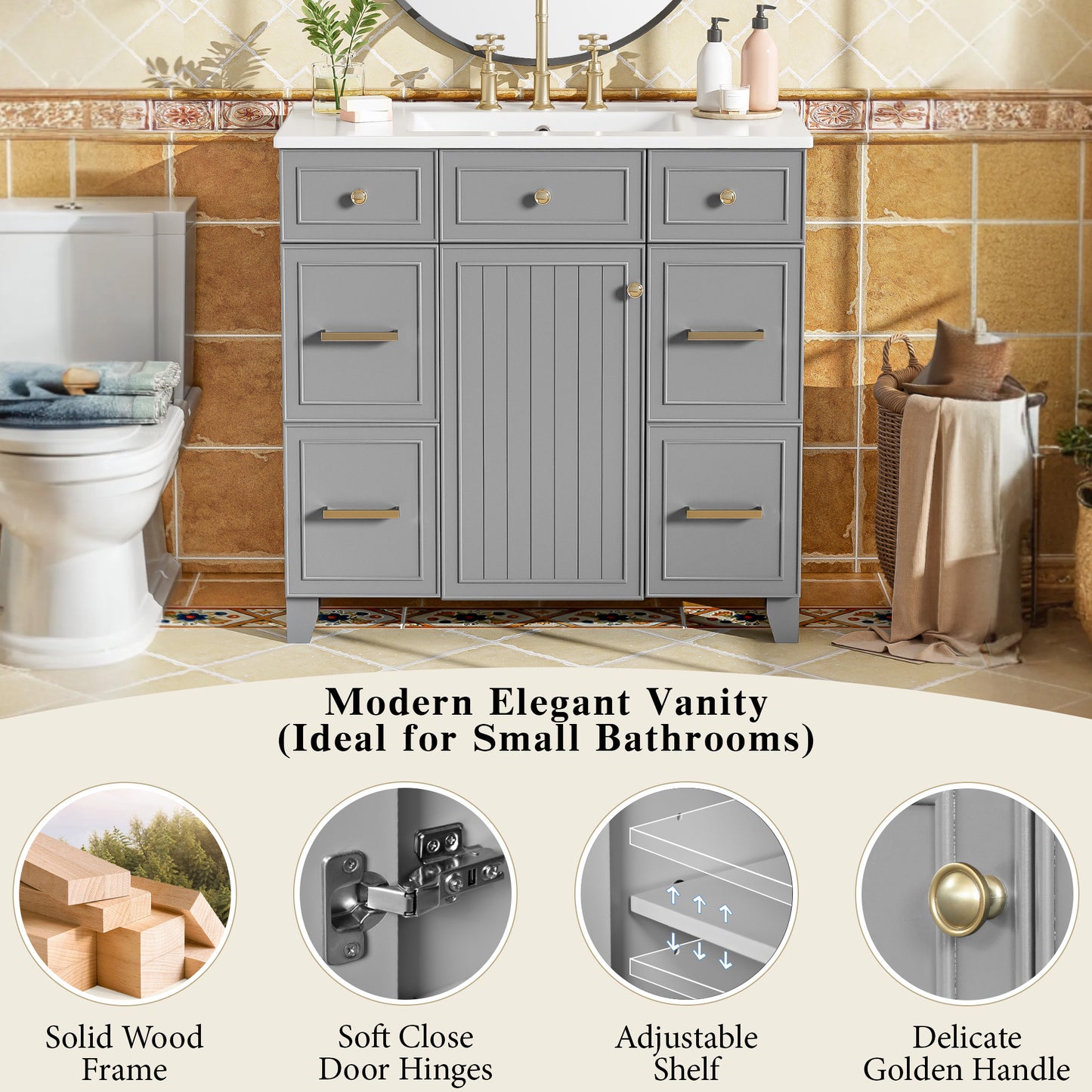 36  Bathroom Vanity With Ceramic Sink, Grey, Solid Wood Frame, Soft Close Doors, Adjustable Shelves, 3 Drawers, Including Double-Depth Drawer For Hairdryer Storage Old Sku SV000003AAL-1