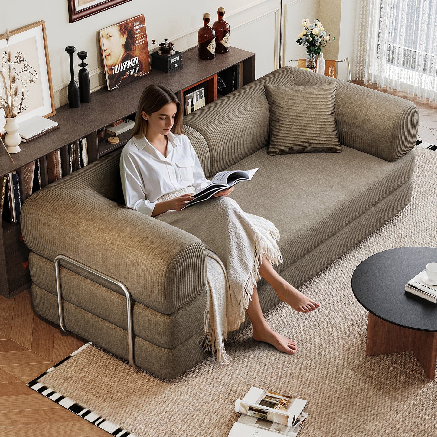 78.8 Compression Sofa,Convertible Floor Sofa Bed-with Pillow Back Support Armrest,Comfy Futon Couch Sleeper Bed,Loveseats Boneless Modular Sectional Sofa,Corduroy Fabric,for Living Room,Bedroom,Camel
