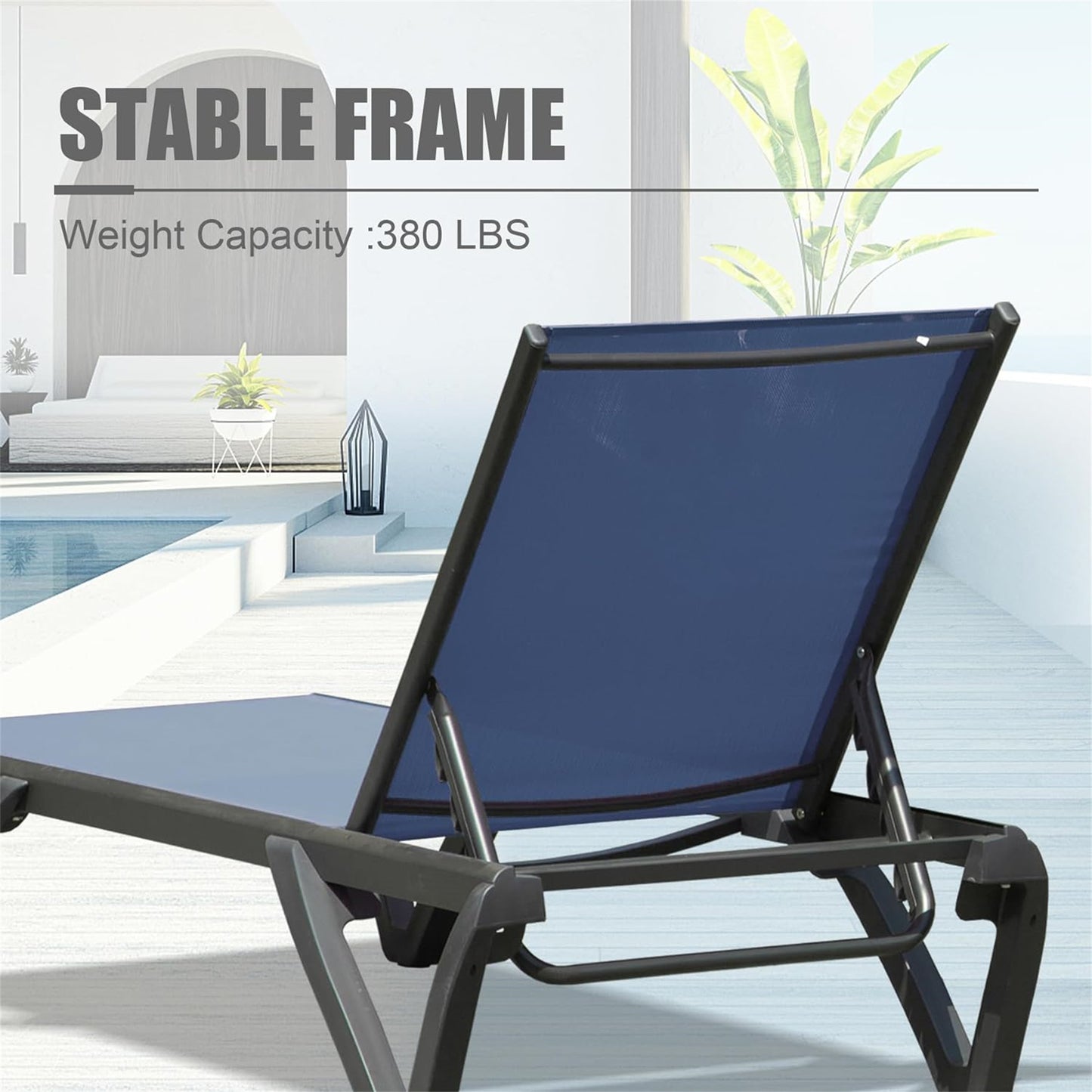 Outdoor Lounge Chair, 2 Pieces Aluminum Plastic Patio Chaise Lounge With 5 Position Adjustable Backrest And Wheels, All Weather Reclining Chair For Patio, Navy Blue