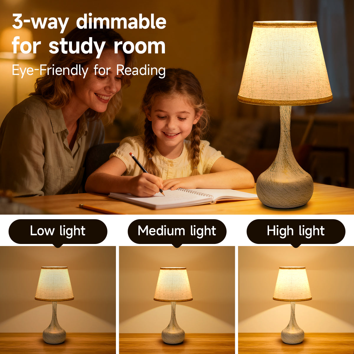 Touch Bedside Lamp Set Of 2, Farmhouse 3-Way Dimmable Table Lamps For Nightstand With Fabric Shade, Desk Lamp For Reading, Bedroom, Livingroom, Office