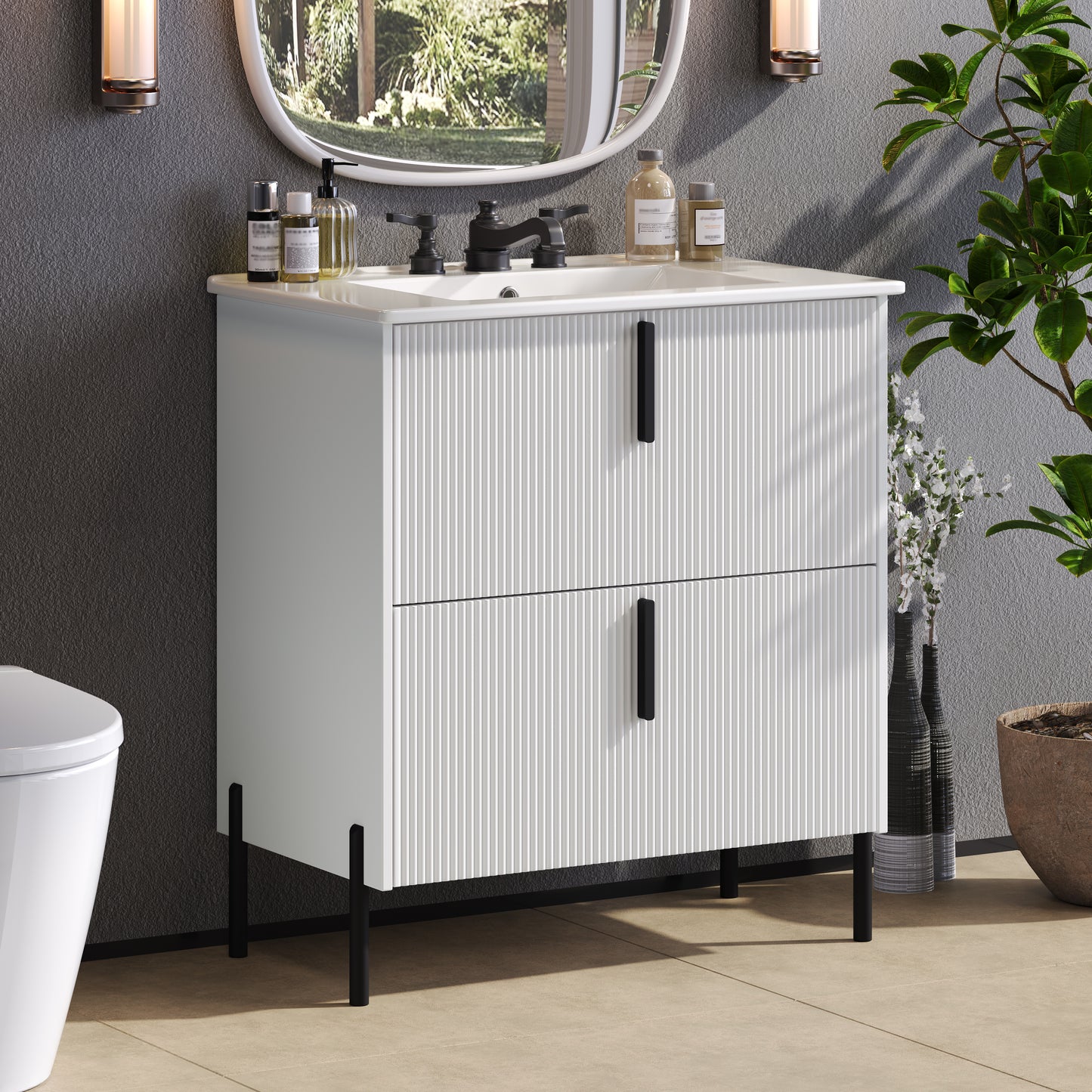 30 Bathroom Vanity With Ceramic Sink And Full-Extension Drawers, Soft Close Undermount Drawer Slides, Fluted Design, White