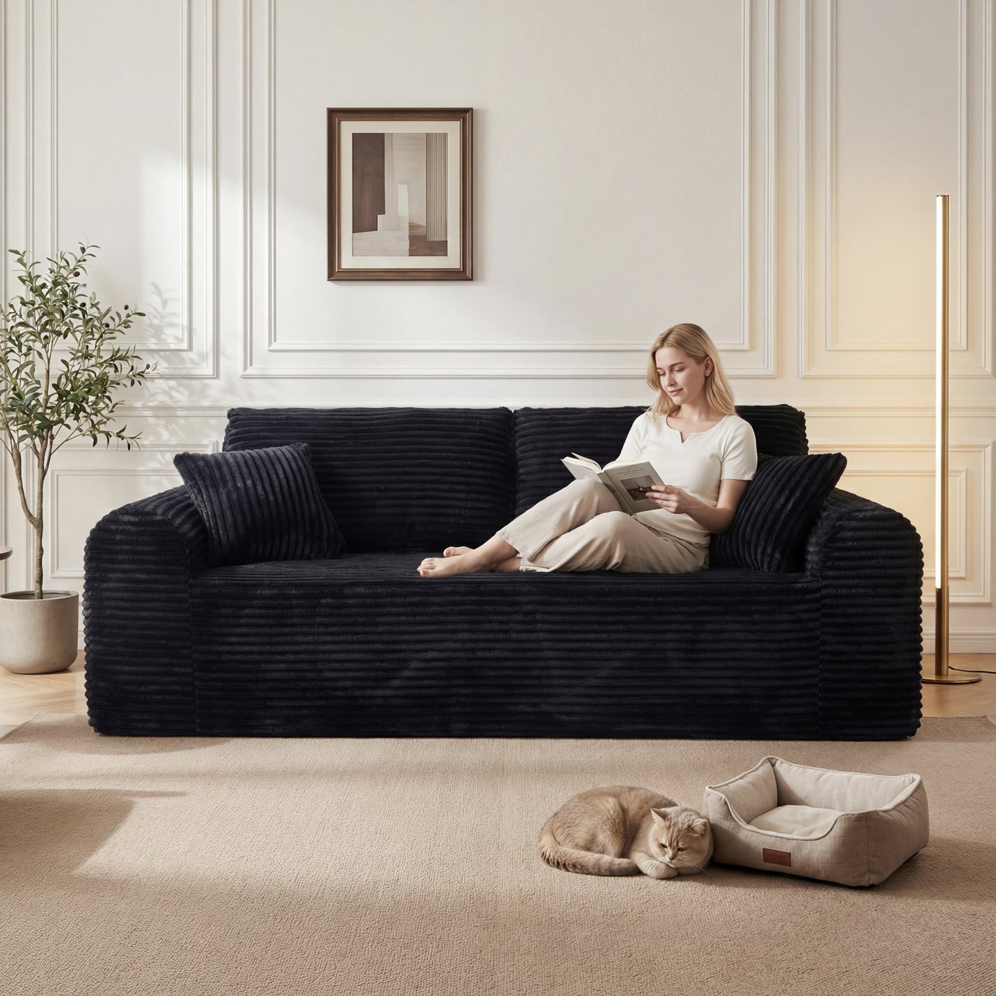 3 Seater Couch, Corduroy Boneless Couches For Living Room,26.4 Cloud Couch With Deep Seat,Comfy Floor Sofa With 2 Pillows,Upholstered Floor Sofa In A Box
