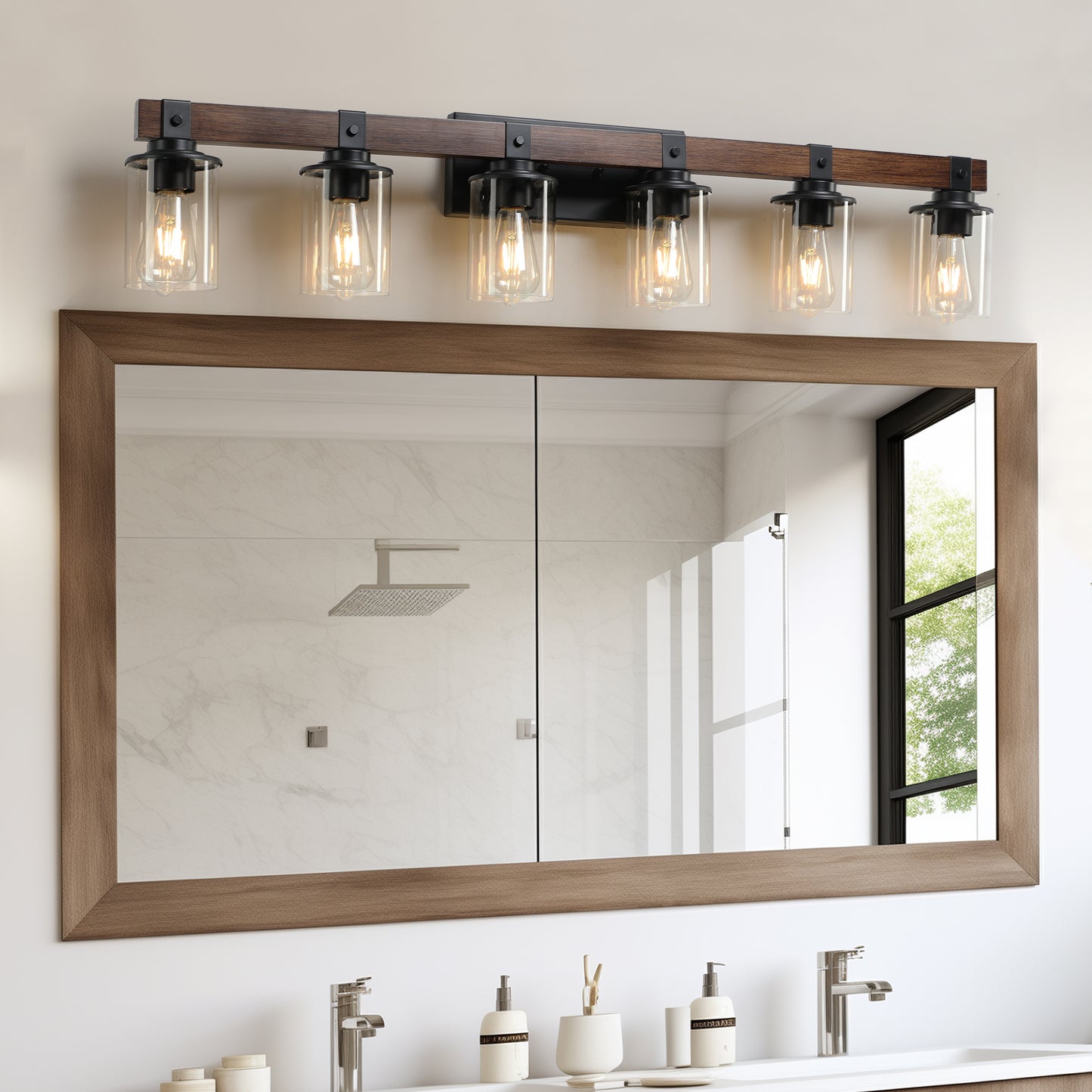 42in Rustic 6-Light Vanity Light, Industrial Bathroom Wall Sconce With Glass Shades And Wood Accent, Modern Farmhouse Lighting Fixture -No Bulbs