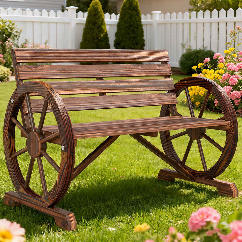 Wooden Wagon Wheel Bench, Rustic Outdoor Patio Weather Resistant Furniture, 2-Person Slatted Seat Bench With Backrest Supports Up To 550 Lbs For Patio, Garden, Or Other Outdoor Areas
