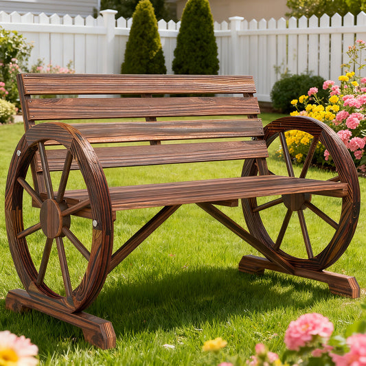 Wooden Wagon Wheel Bench, Rustic Outdoor Patio Weather Resistant Furniture, 2-Person Slatted Seat Bench With Backrest Supports Up To 550 Lbs For Patio, Garden, Or Other Outdoor Areas