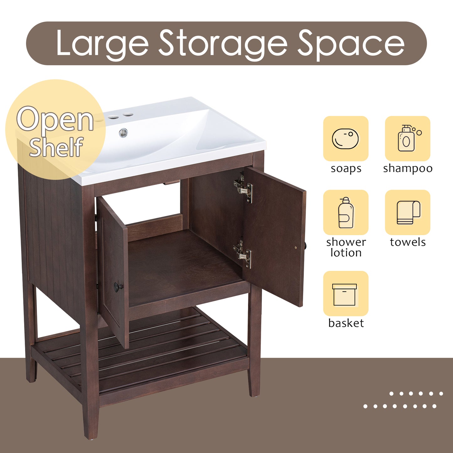 24  Brown Modern Sleek Bathroom Vanity Elegant Ceramic Sink With Solid Wood Frame Open Style Shelf