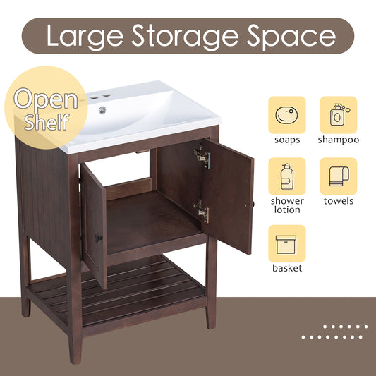 24  Brown Modern Sleek Bathroom Vanity Elegant Ceramic Sink With Solid Wood Frame Open Style Shelf