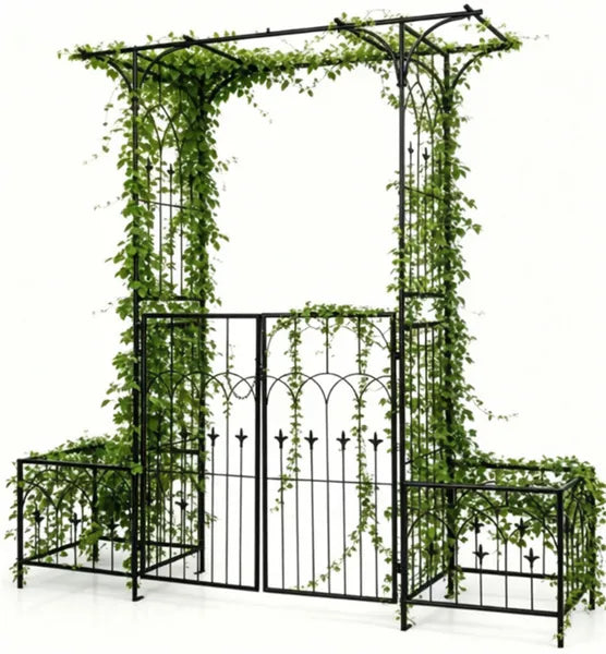 Metal Garden Arbor With Double Lockable Gate, Flat Top Garden Arch With Side Planter Boxes, Powder-Coated Climbing Plant Support