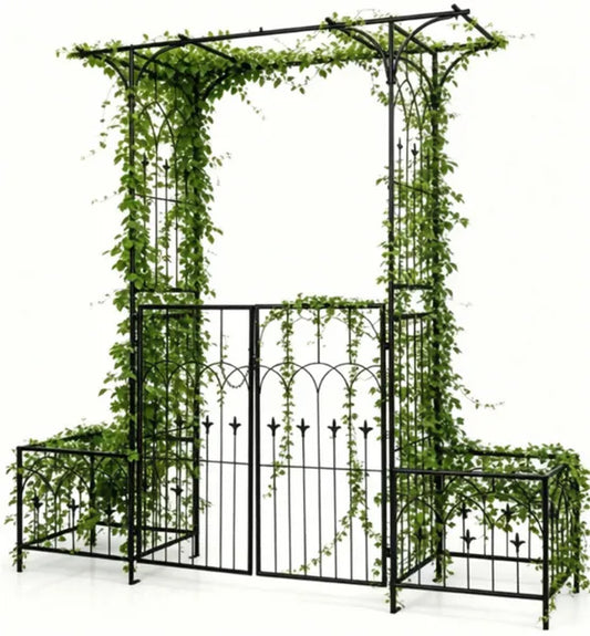 Metal Garden Arbor With Double Lockable Gate, Flat Top Garden Arch With Side Planter Boxes, Powder-Coated Climbing Plant Support