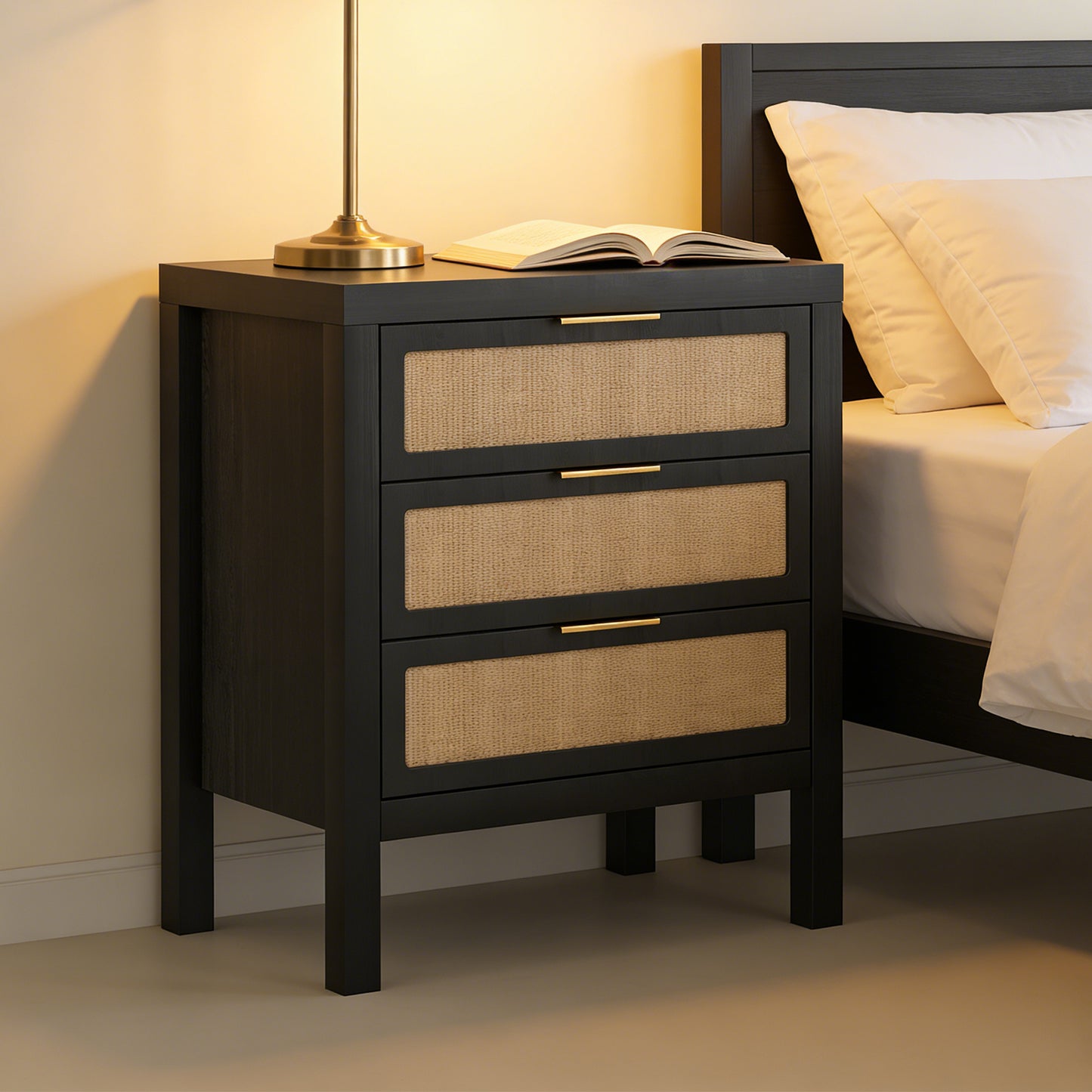 Bedside Table 3 Layers Large Capacity Storage Drawer Design Multifunctional Modern Chest Of Drawers Wooden Night Stand For Bedroom Hallway Black