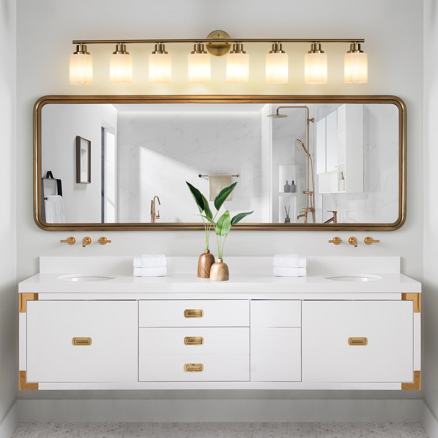 52  Modern 8-Light Vanity Wall Sconce, Golden Finish With Frosted Glass Shades For Bathroom Or Hallway Lighting  No Bulbs
