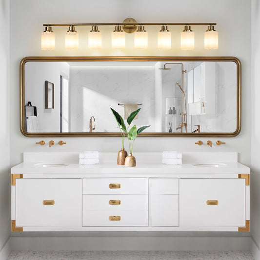 52  Modern 8-Light Vanity Wall Sconce, Golden Finish With Frosted Glass Shades For Bathroom Or Hallway Lighting  No Bulbs