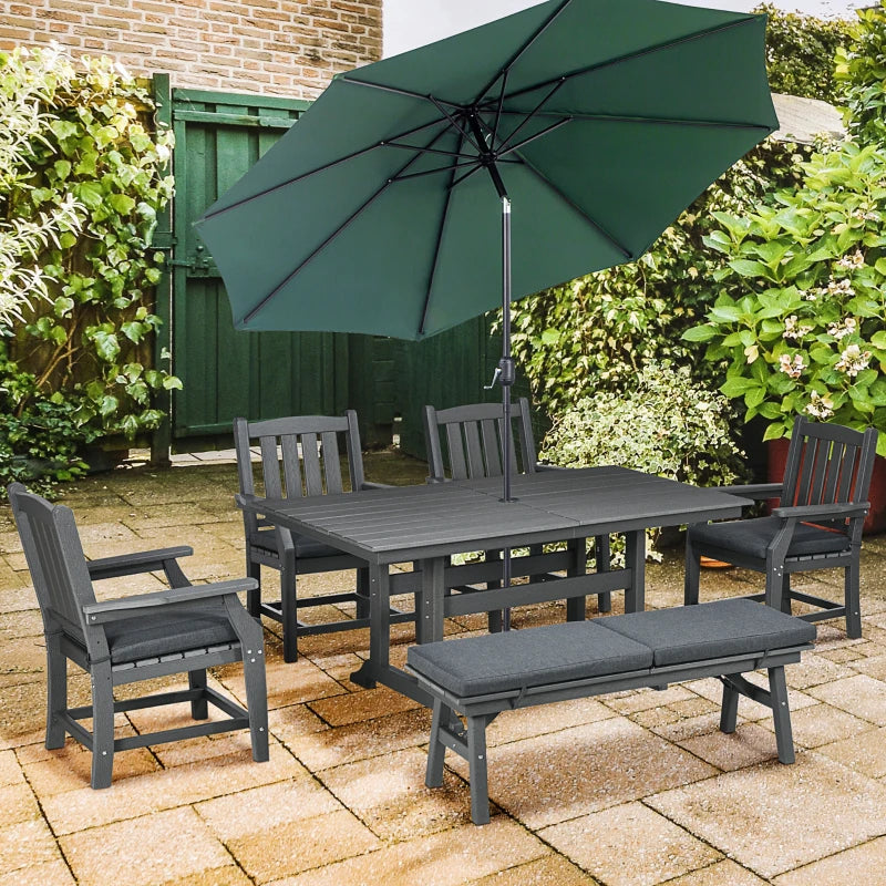 6 Pieces Patio Dining Set, 6 Seater Outdoor Table And Chairs, Conversation Furniture, Armrests, Loveseat Bench, Dinner Table With Umbrella Hole, Cushions, Dark Gray