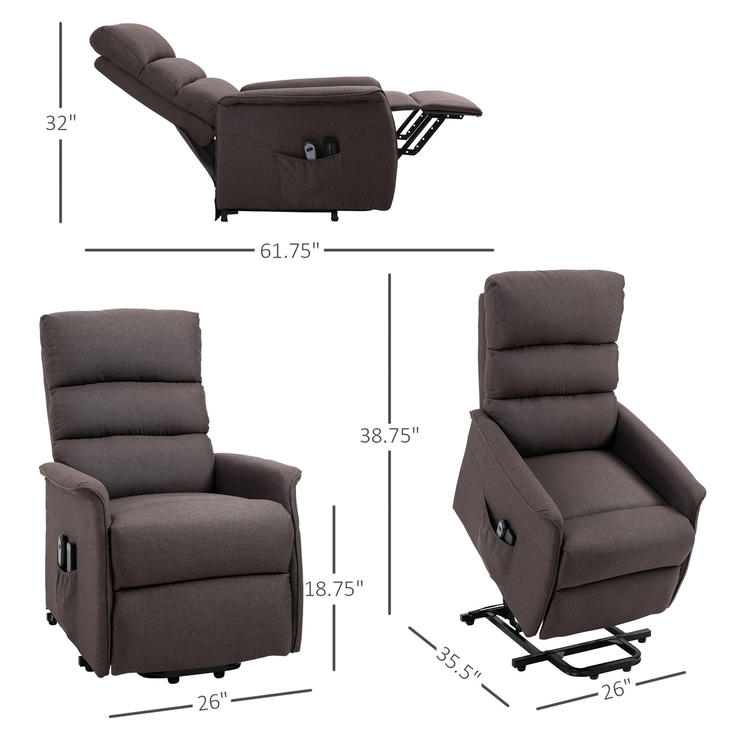 Power Lift Assist Recliner Chair For Elderly With Remote Control, Linen Fabric Upholstery, Brown