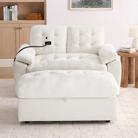 Leisure Sofa Chair,Double Sofa Recliner, With Manually Adjustable Backrest, Soft Padded Armrests, Side USB Charging Port And Phone Stand, Comes With A Matching Storage Ottoman-Beige