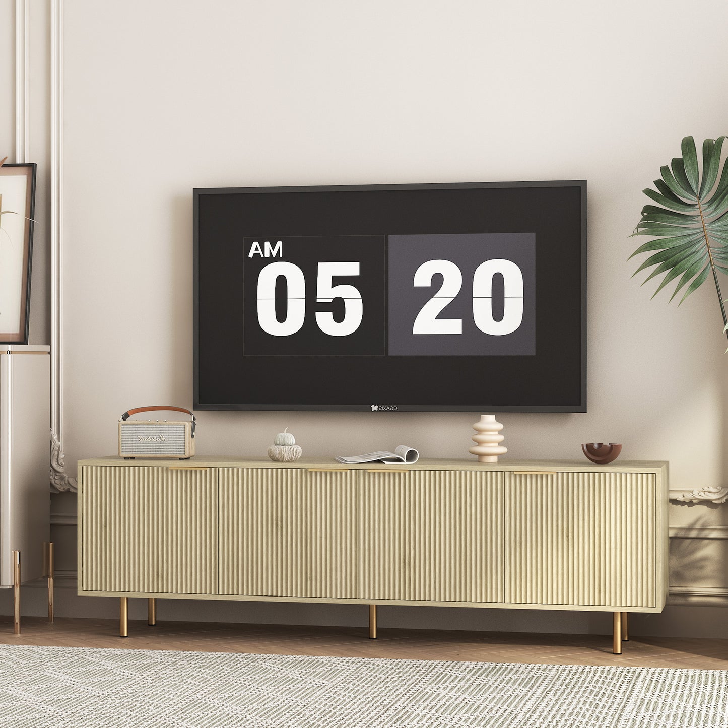 Wood  Modern TV Stand Fluted 68  , Entertainment Center With Storage Doors, TV Console Media Cabinet,  For 55  Inch TV, Living Room