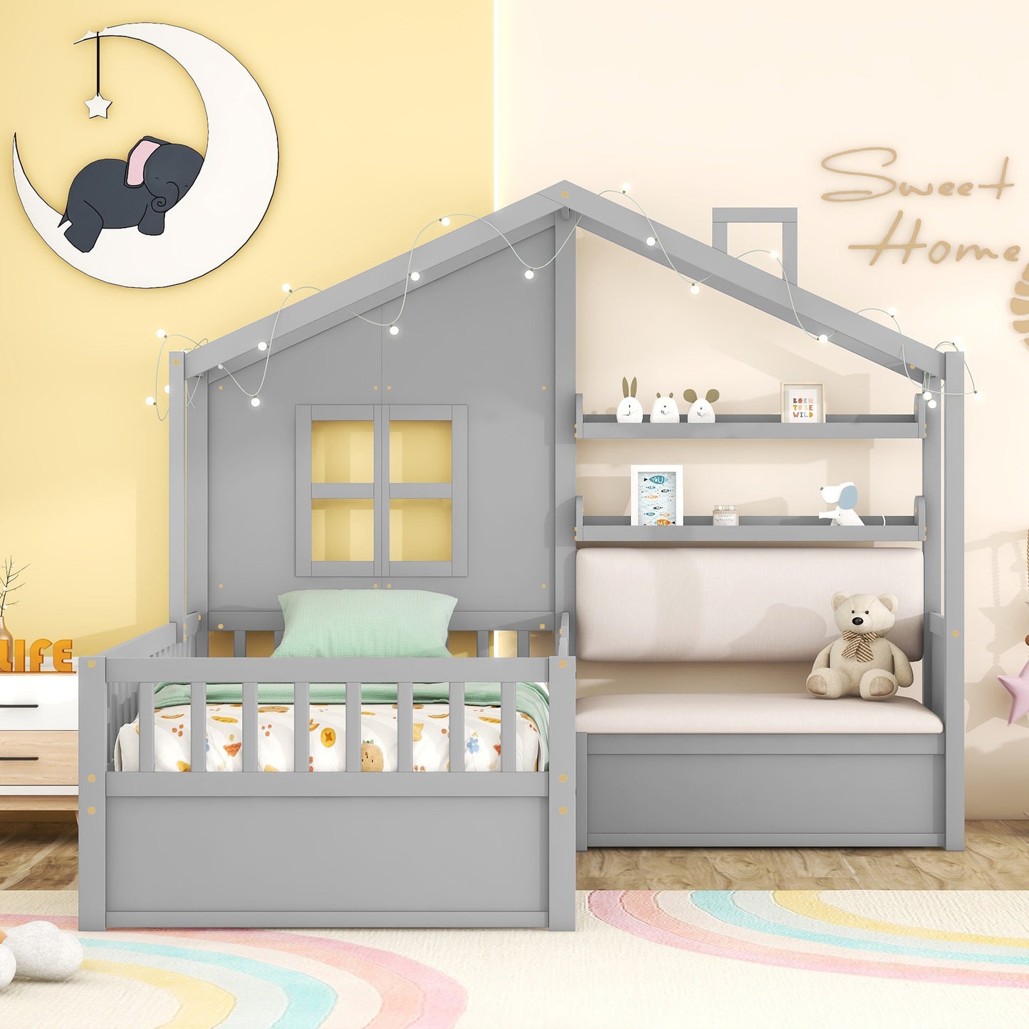 Twin Size House Bed With Sofa, Kids Platform Bed With Two Drawers And Storage Shelf, Gray  Old