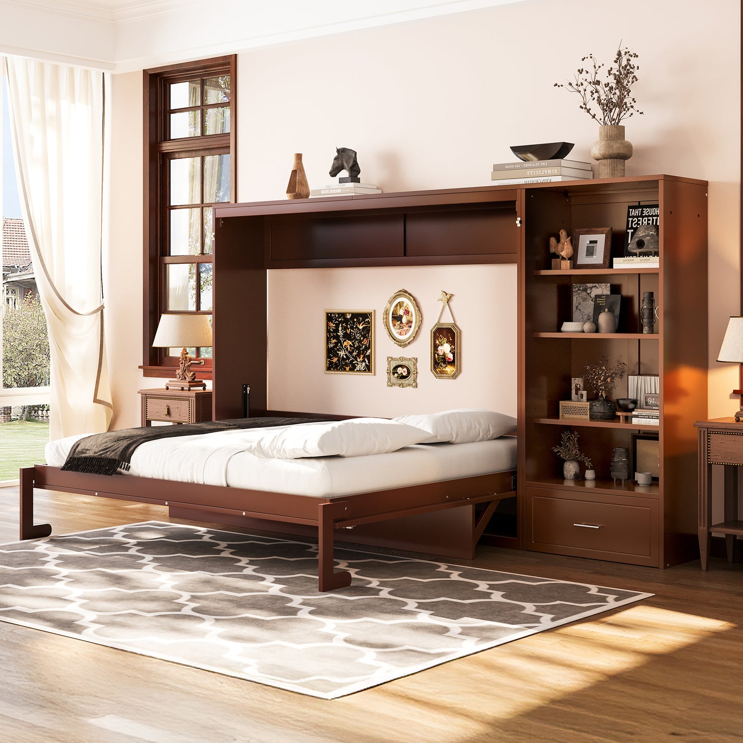 Queen Size Murphy Bed With Height Adjustable Storage Compartments And Shelf, Wall Bed Frame With 1 Drawer, Multifunctional Foldable Platform Bed For Bedroom,Guest Room, Walnut OLD SKU N733S309223D