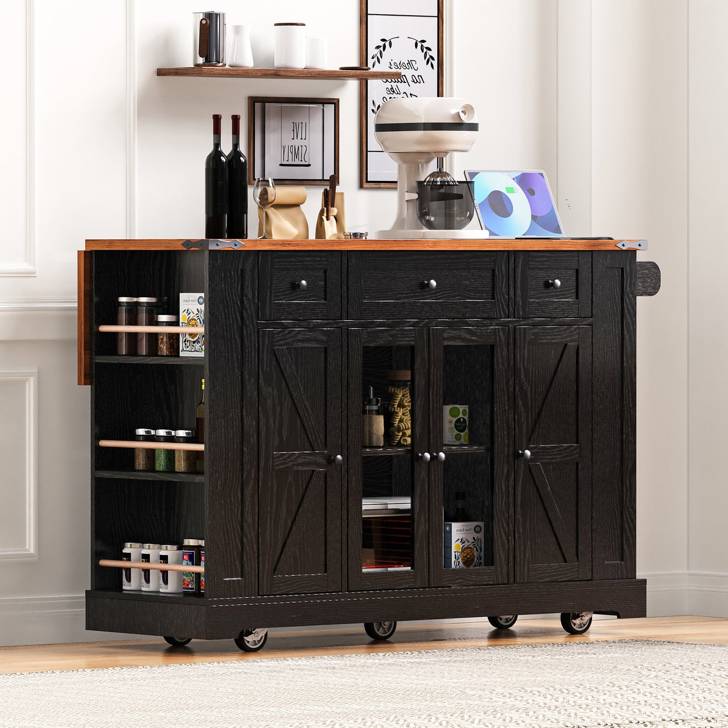 K&K 53  Farmhouse Kitchen Island With Two Tempered Glass Cabinet Doors, Power Outlet, Rolling Kitchen Cart On Wheels With Drop Leaf, 5 Open Side Racks, 3 Drawers, For Kitchen, Dining Room, Black